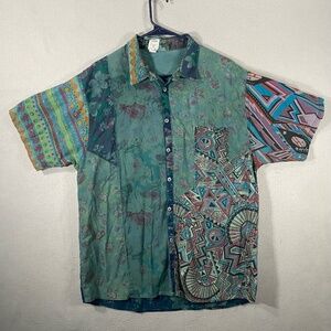 Vintage House Button Blue Hawaiian Floral Geometric Shirt USA Made Size Medium